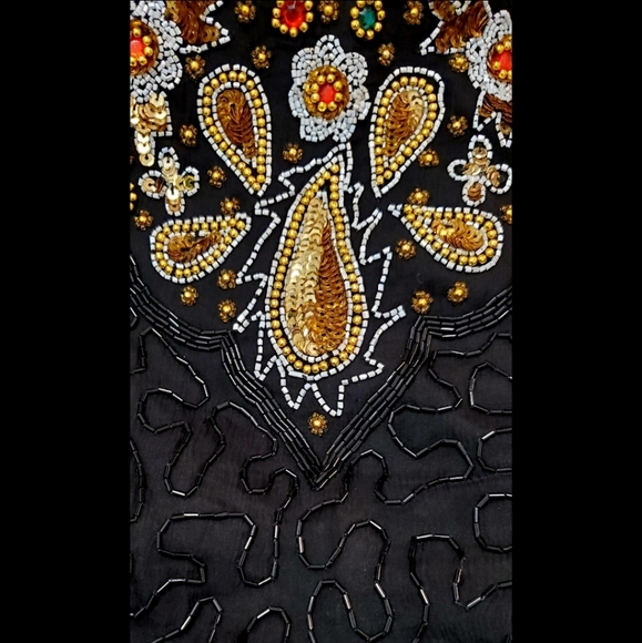 BEJEWELLED-80s Black and gold paisley rhinestone, bead and sequin top - Picture 2 of 6